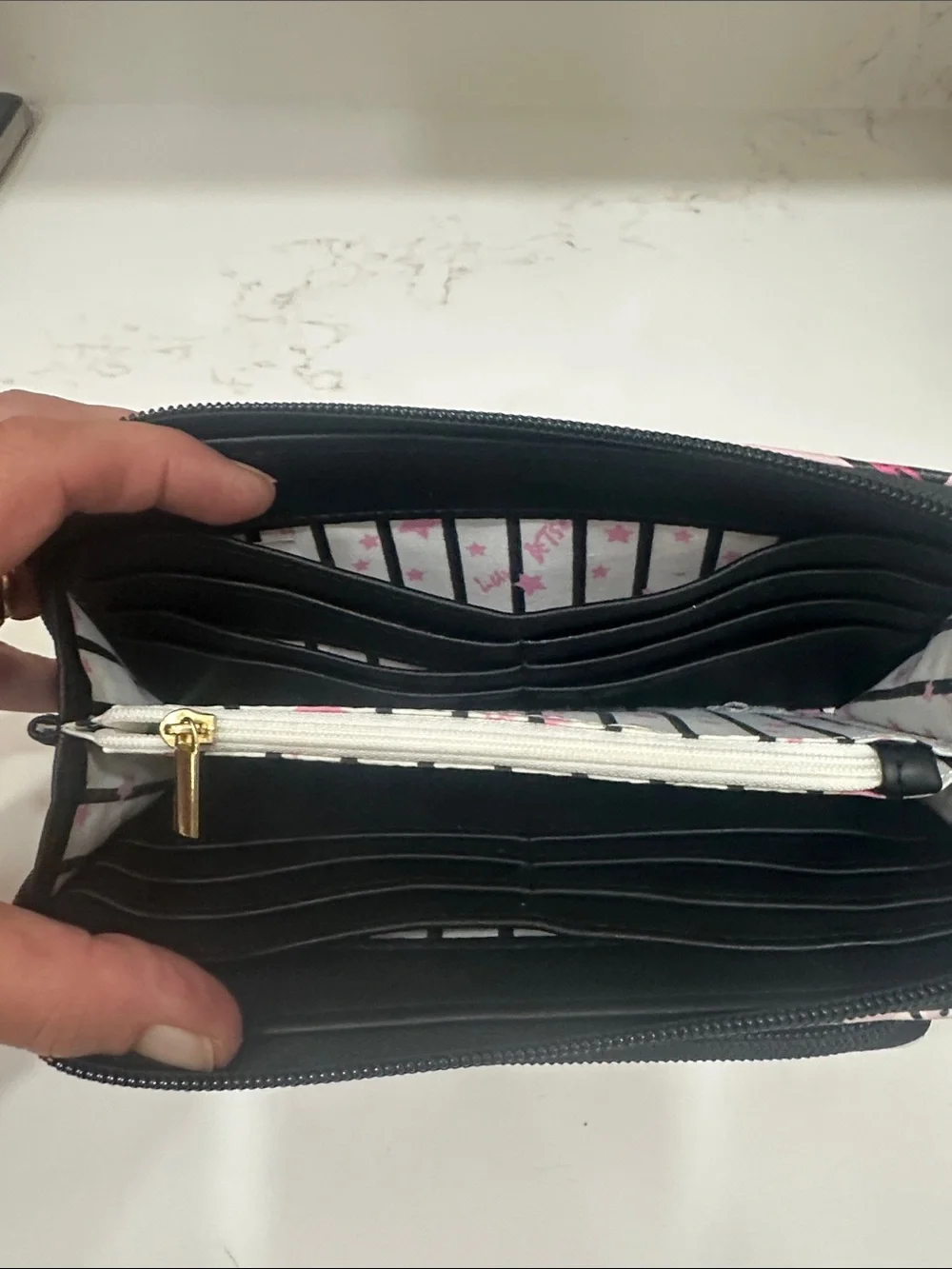 Betsey Johnson Pink Striped Dessert & Pug Zip Wallet
